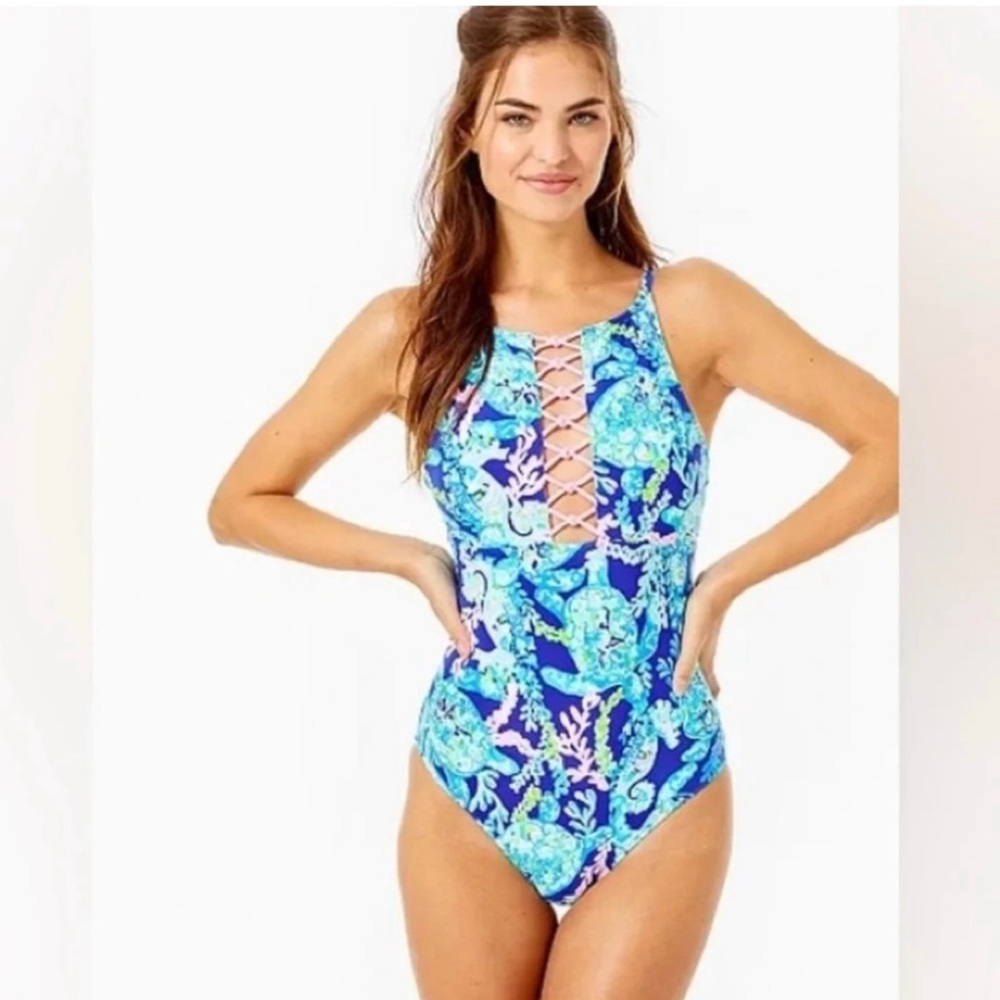 NWT Lilly Pulitzer Mealy One Piece in Corsica Blue Turtle Villa Size 4